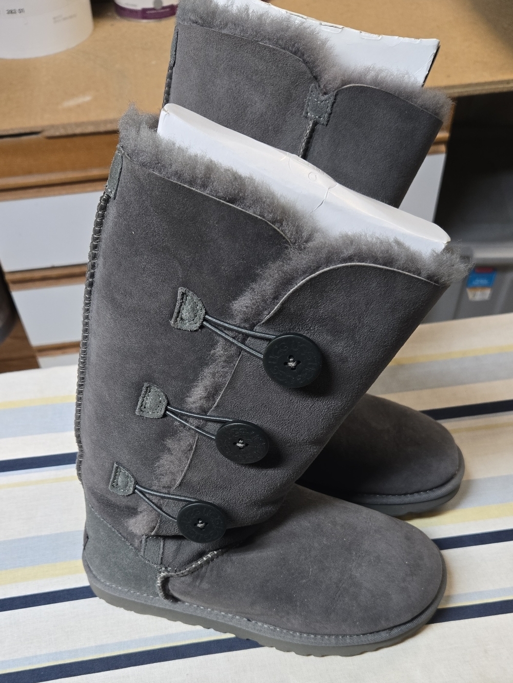 UGG Gray Button-Accent Shearling Mid-Calf Boots